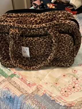 Vintage new Lord& TAYLOR Leopard Print Plush Weekend Bag - Brown